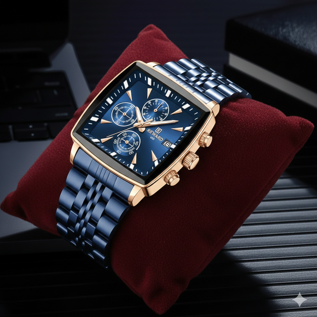 Elegant Blue Chronograph Watch For Men with Box