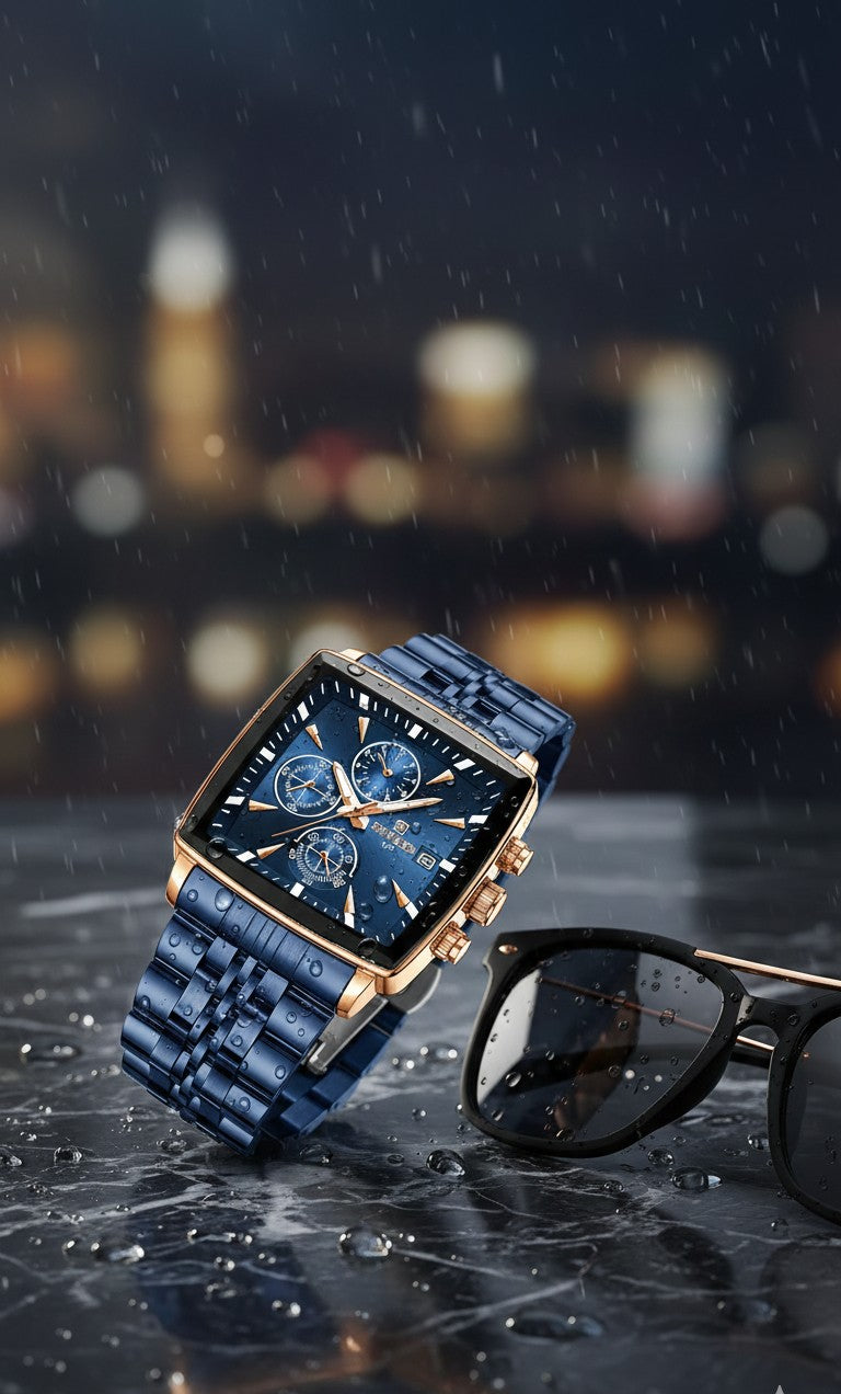 Elegant Blue Chronograph Watch For Men with Box